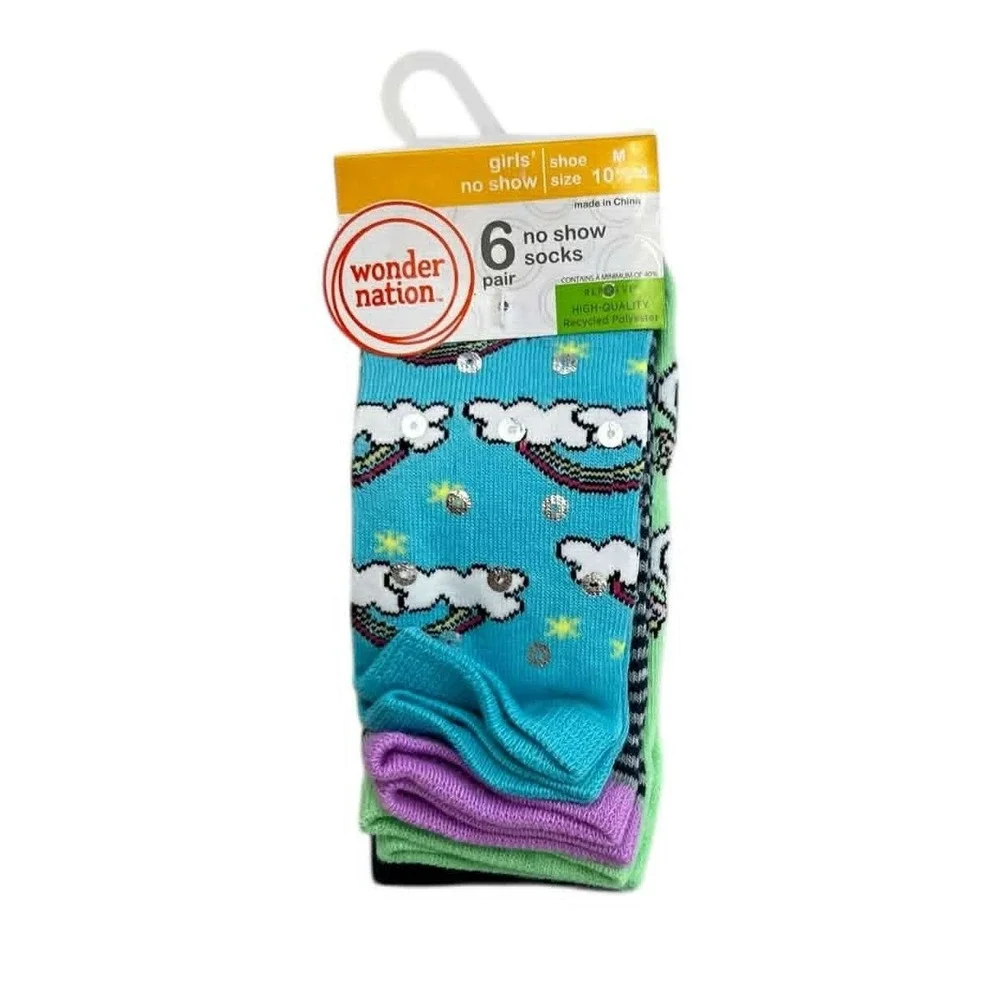 Wonder Nation Girls 6 Pair No‎ Show Socks Size 10-4 Rainbow Cloud Unicorn Print